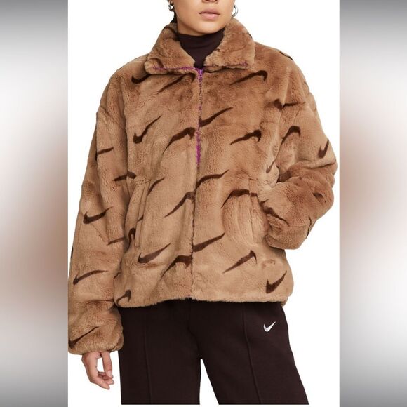 Nike Sportswear Plush Printed Faux Fur Jacket in Dk Driftwood Cacao Purple - Picture 9 of 11